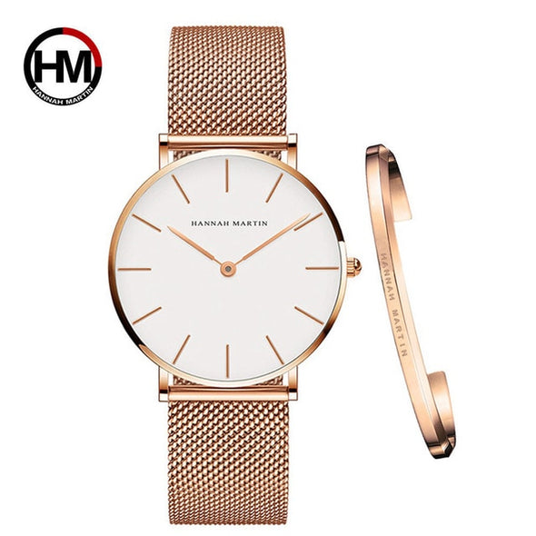 Women's Rose Gold Analog Quartz Stainless Steel Mesh Band Ladies Wrist Watches with Bracelet