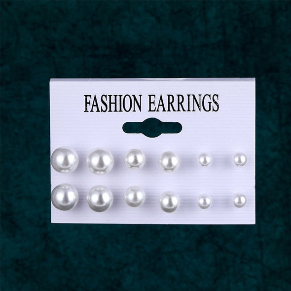 EN 12 Pairs Pearl Crystal Stud Boho Geometric Tassel Earrings For Women
