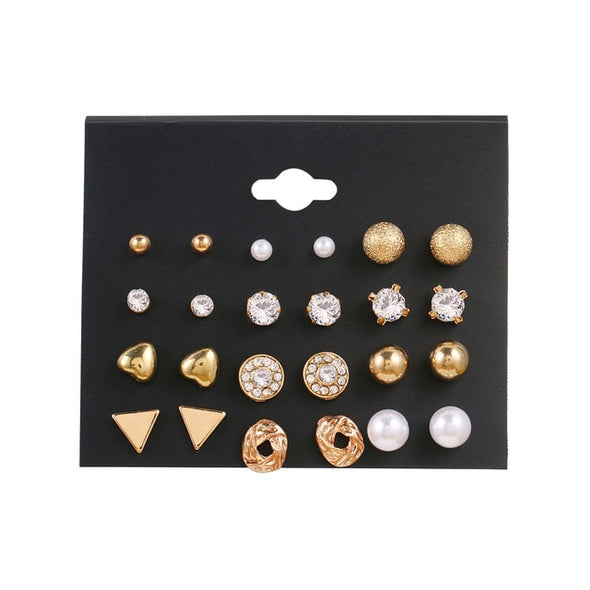 EN 12 Pairs Pearl Crystal Stud Boho Geometric Tassel Earrings For Women