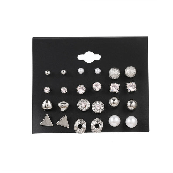 EN 12 Pairs Pearl Crystal Stud Boho Geometric Tassel Earrings For Women
