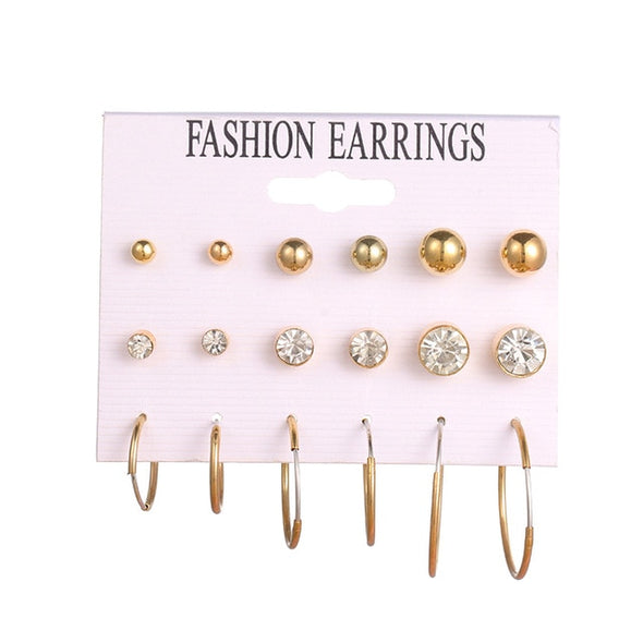 EN 12 Pairs Pearl Crystal Stud Boho Geometric Tassel Earrings For Women