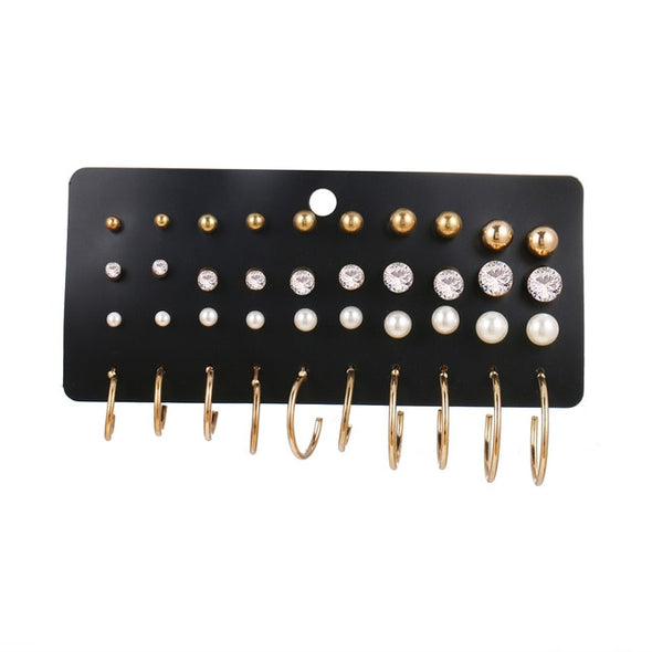 EN 12 Pairs Pearl Crystal Stud Boho Geometric Tassel Earrings For Women