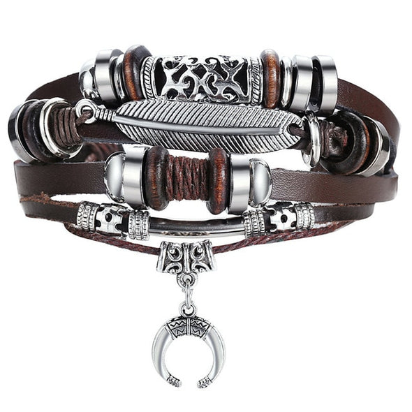 IF ME Vintage Leaf Feather Multi-layer Leather Bracelet For Men