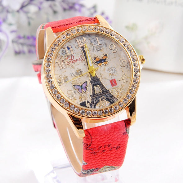 Women's Casual Luxury Leather Rhinestone Watch Analog Quartz Women Wristwatch  Paris Tower Butterfly Print Ladies Watch Clock #B