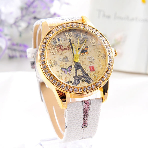 Women's Casual Luxury Leather Rhinestone Watch Analog Quartz Women Wristwatch  Paris Tower Butterfly Print Ladies Watch Clock #B