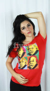 Stephanie Ellen Almeida wearing a red scoopneck t-shirt from darskee.com 